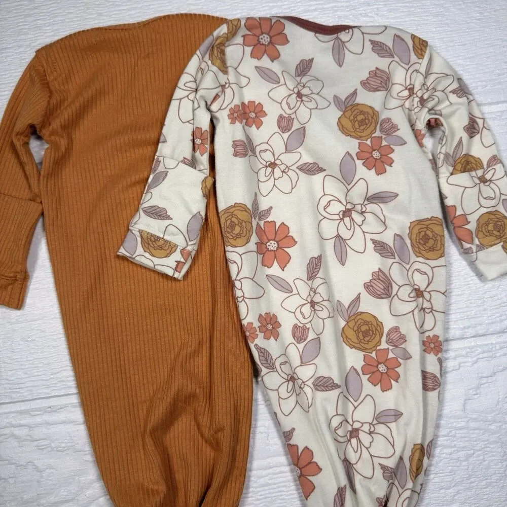 Copper Pearl Newborn Baby Knotted Gown Set Camel Ferra Floral Sleeper 2pc